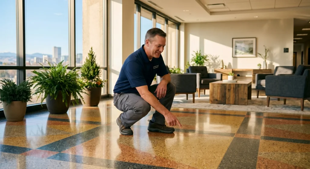A man in a blue polo and grey work pants squats and points at a spot on a polished, multicolored geometric terrazzo floor in a bright, modern office lobby with city views.