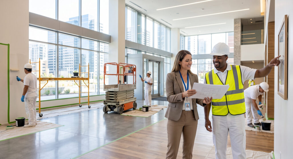 Construction professionals review plans in a bright, modern interior under renovation with scaffolding and workers painting walls.