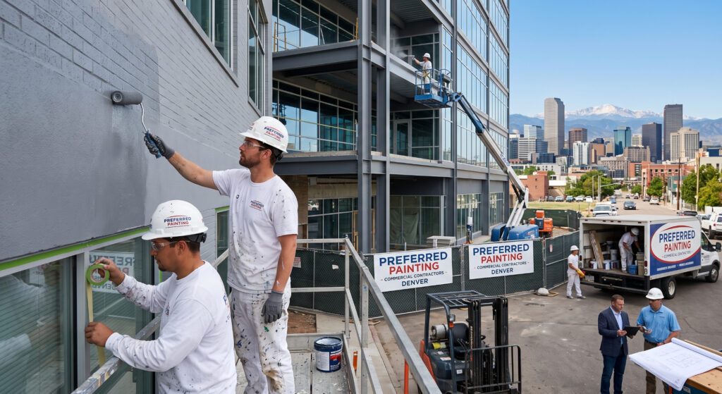 Construction workers paint an exterior wall from a lift outside a glass-fronted building with city skyline in the background. Signs read 'Preferred Painting' on fences.