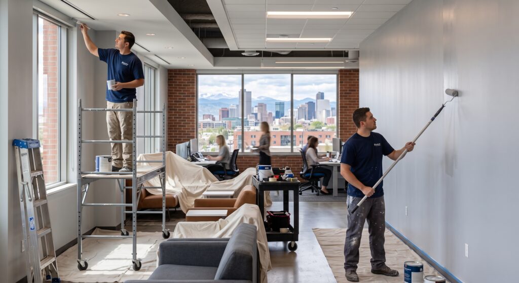 Two workers painting an office space with ladders and rollers, windows to a city skyline in the background.